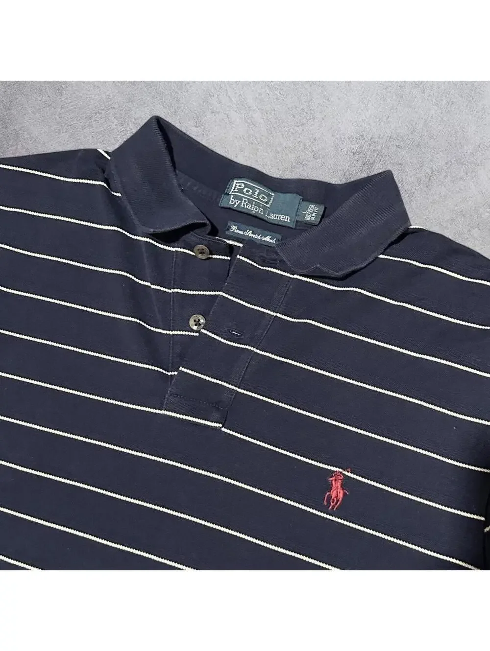 Vintage Y2K Polo Ralph Lauren Navy Blue Striped Slim Fit Polo Shirt - Fits Large